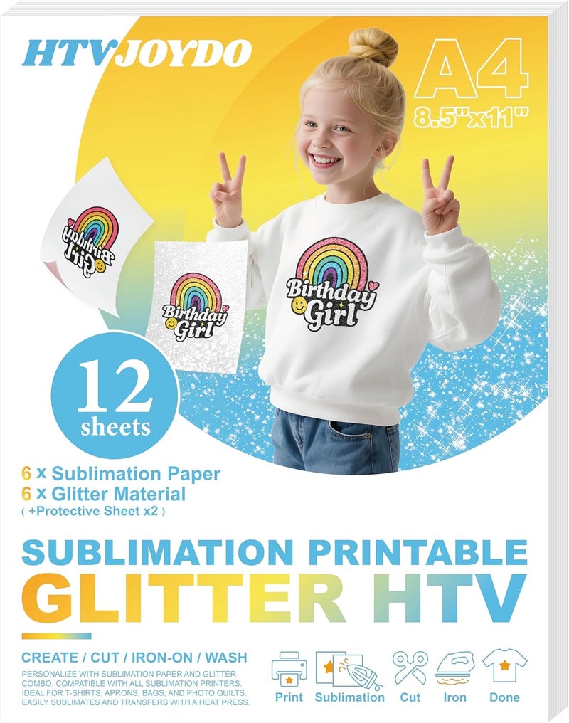 HTVJOYDO 12 Pcs Combo Sublimable White Glitter HTV Heat Transfer Vinyl & Printable Sublimation Paper, 6 Sheets Each 8.5x11, Iron-On for Light & Dark Fabrics, DIY Crafts, All-in-One Colorful Creations - Image 1